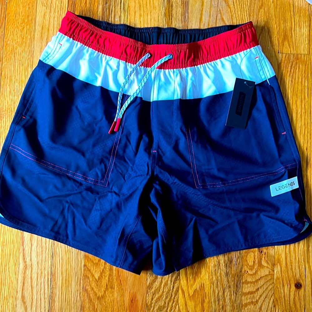 Brand new legends Men’s size M red, white, and blue swim shorts